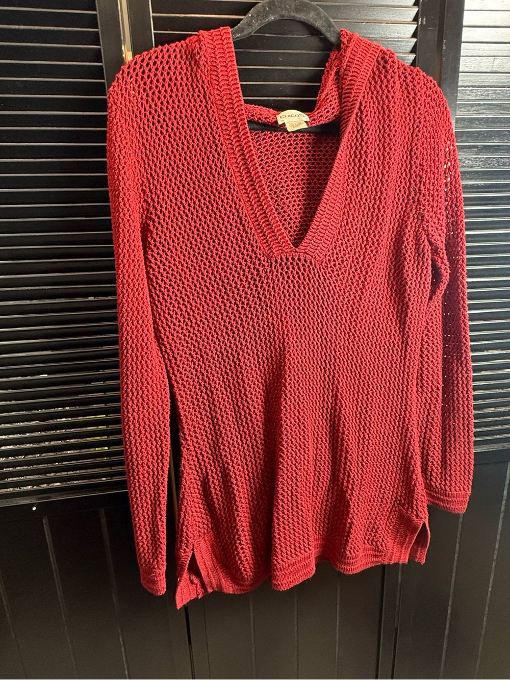 Chico's Burgundy Open-Knit V-Neck Sweater